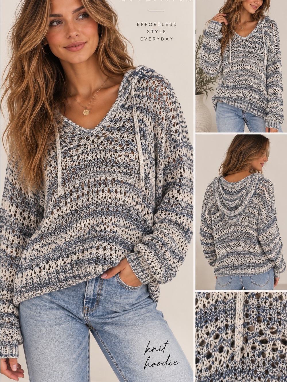 LOVESTITCH Navy Cream Marled Open Knit Hoodie Sweater